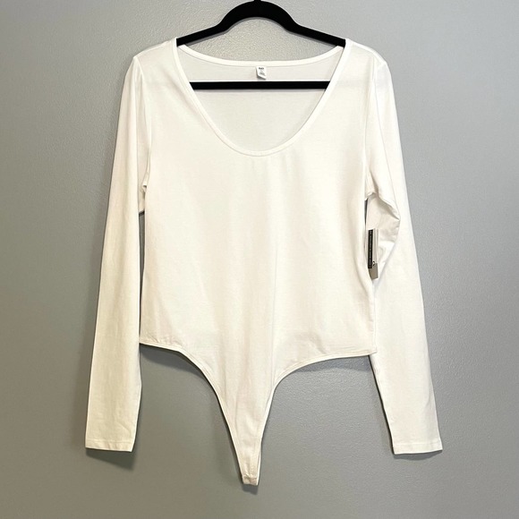 bp Tops - BP White Stretch Cotton Long Sleeve Thong Bodysuit NEW XL